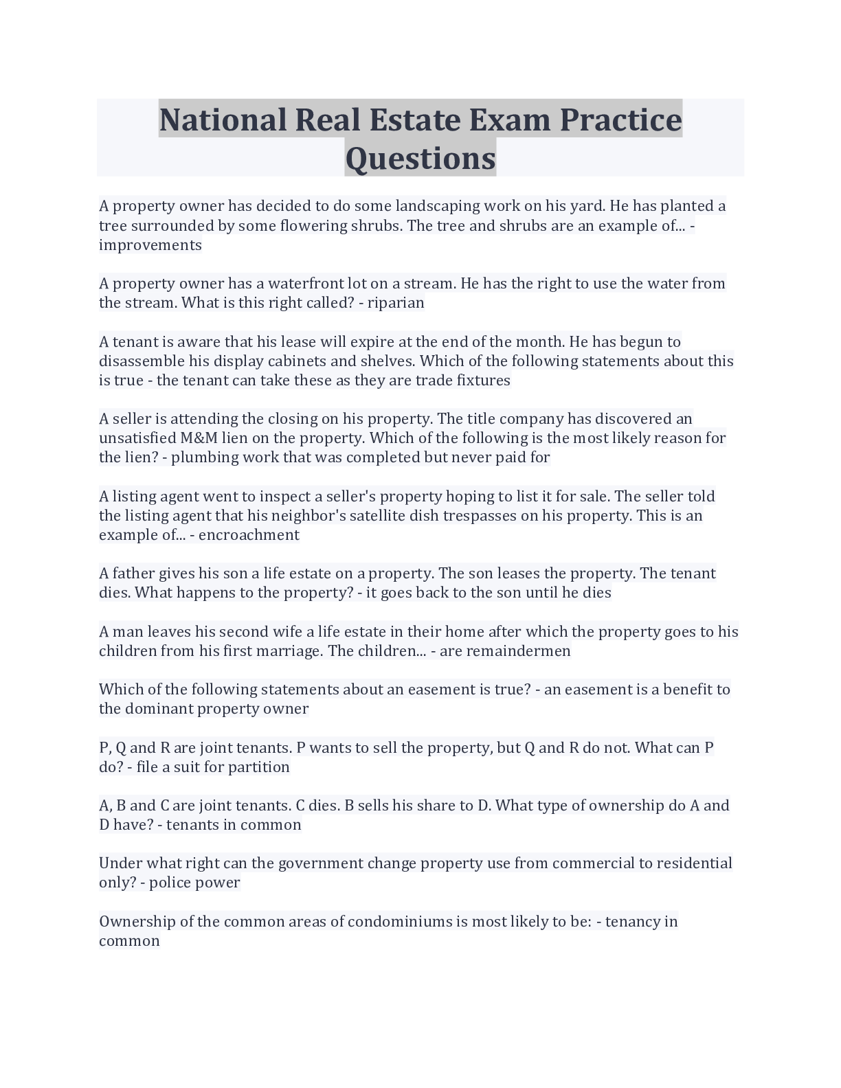Preview image for National Real Estate Exam Practice Questions And Answers